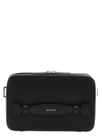 Gucci Logo Leather Shoulder Strap Crossbody Bags Black In Black