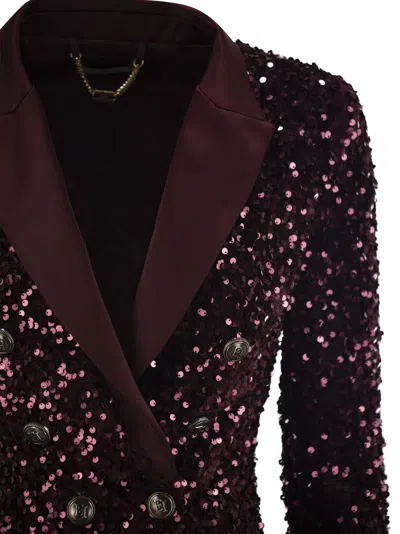 Elisabetta Franchi Double-breasted Jacket In Chenille Embroidered With Sequins In Bordeaux