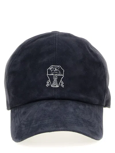 Shop Brunello Cucinelli Suede Cap With Logo Embroidery In Denim