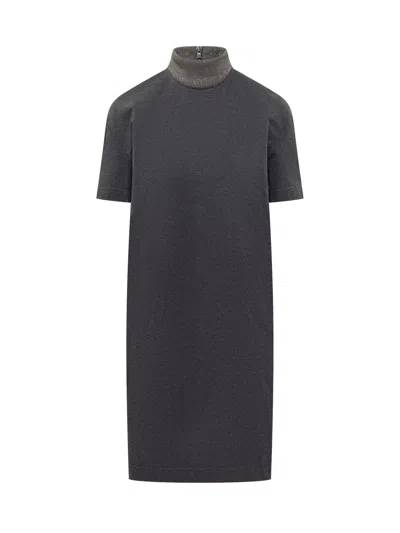 Brunello Cucinelli Monili-collar Shiny Felpa Short-sleeve T-shirt Dress In Charcoal