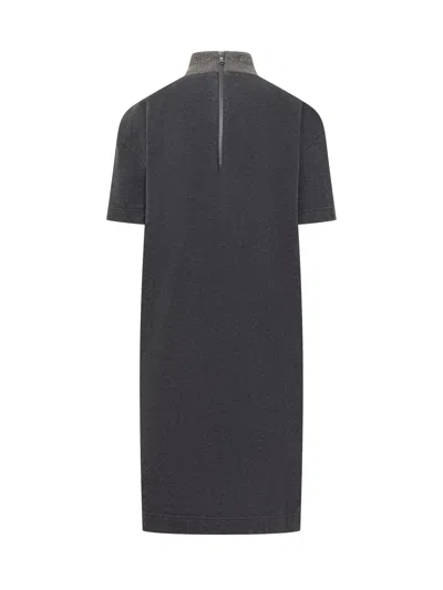 Brunello Cucinelli Monili-collar Shiny Felpa Short-sleeve T-shirt Dress In Charcoal