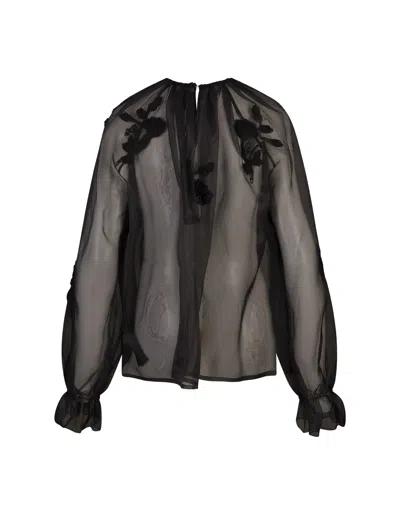 Shop Ermanno Scervino Black Organza Blouse With Macramé Lace