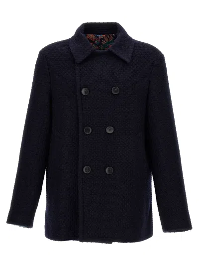 Etro Textured Double-breasted Coat Front Pockets In Blue