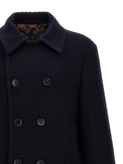 Etro Textured Double-breasted Coat Front Pockets In Blue