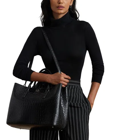 Ralph Lauren Marcy Large Embossed Leather Satchel In Black W,silver
