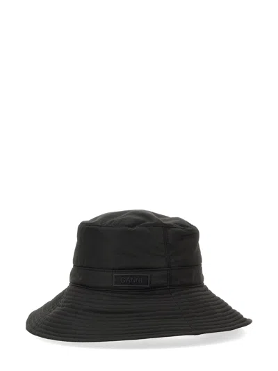 Ganni Yellow Stitch Bucket Hat Cr In Black