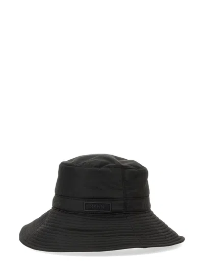 Ganni Yellow Stitch Bucket Hat Cr In Black