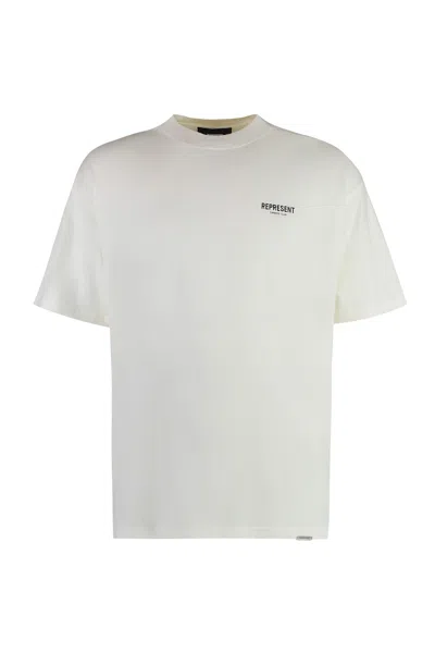 Represent White Crewneck T-shirt With With Front And Back Owners Club Print In Ivory