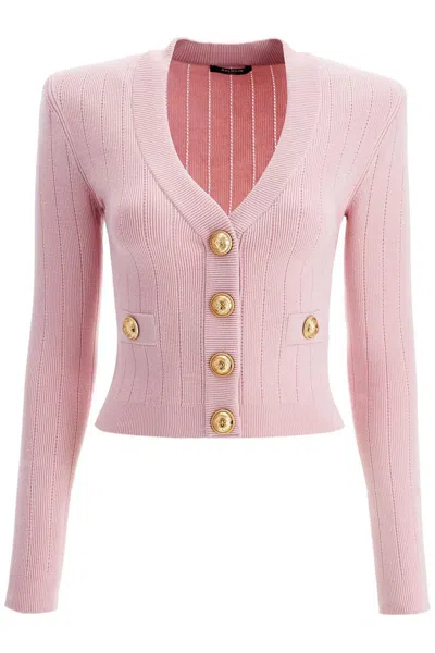 Shop Balmain Buttoned V-necked Cardigan In Pink