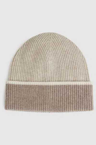 Reiss Blend Tipped Beanie Hat Wool Knitted In Taupe
