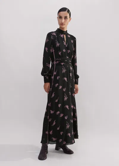 Me+em Silk Scattered Floral Print Maxi Dress In Black/fresh Lavender Pink