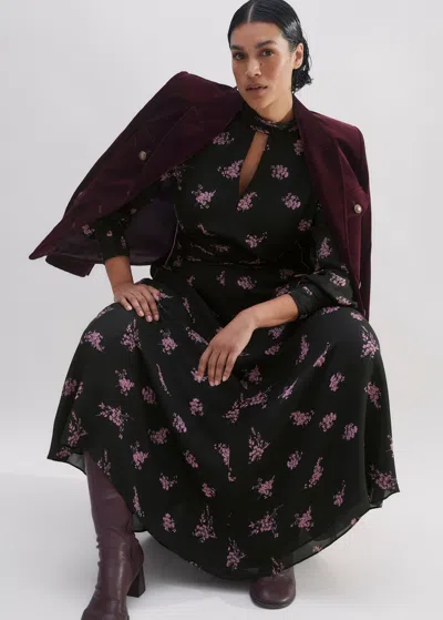 Me+em Silk Scattered Floral Print Maxi Dress In Black/fresh Lavender Pink