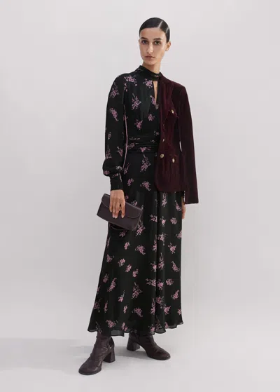 Me+em Silk Scattered Floral Print Maxi Dress In Black/fresh Lavender Pink