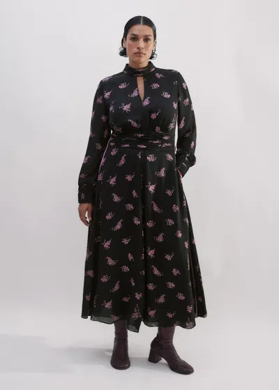 Me+em Silk Scattered Floral Print Maxi Dress In Black/fresh Lavender Pink