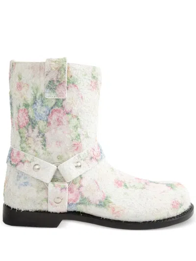 Loewe Campo Floral-print Brushed-suede Ankle Boots In Neutrals