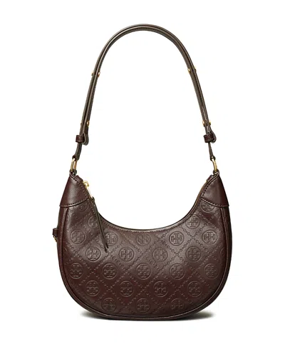 Tory Burch T-monogram Embossed Crescent Shoulder Bag In Maroon/gold