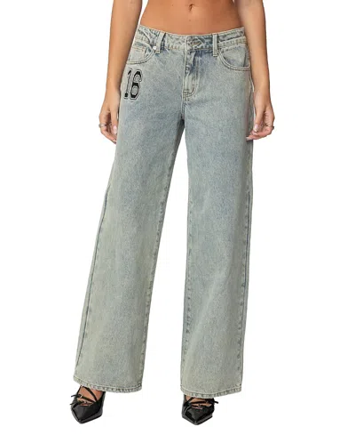 Edikted 16 Wide Leg Jeans In Blue Washed