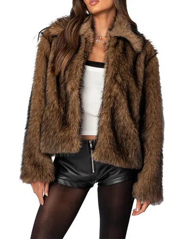 Edikted Faux Fur Jacket In Brown