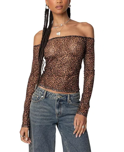 Edikted Leopard Print Sheer Mesh Off The Shoulder Top In Leopard