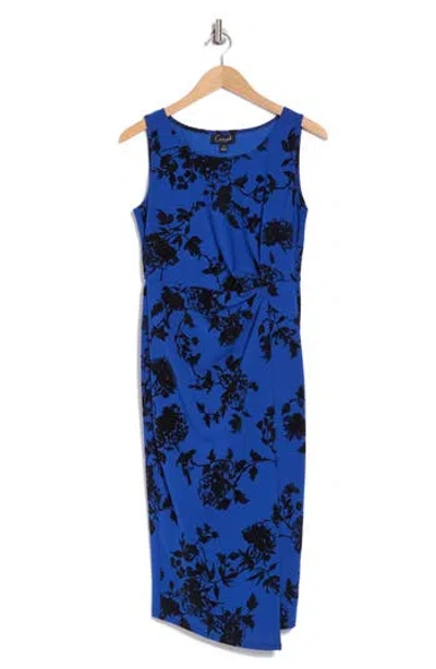 Connected Apparel Floral Flocked Sleeveless Faux Wrap Dress In Cobalt
