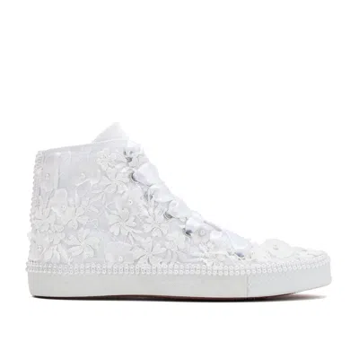 Forever & Always Shoes Women's Claire - White Lace Wedding Trainers With Pearls In White