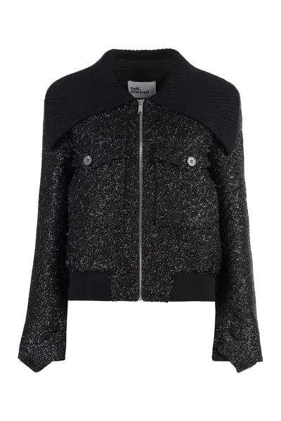 Shop Self-portrait Knitted Bomber Jacket In Black