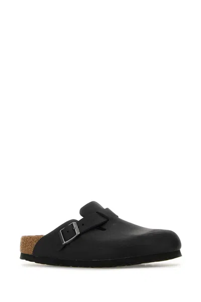 Birkenstock Slate Leather Boston Slippers In Blk