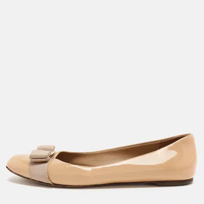 Pre-owned Ferragamo Beige Patent Leather Varina Ballet Flats Size 38
