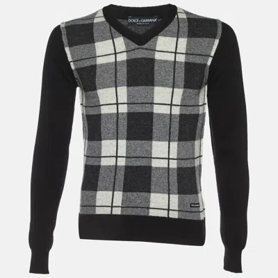 Pre-owned Dolce & Gabbana Black Checked Wool V-neck Sweater M