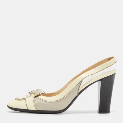 Pre-owned Tod's Cream Patent Leather And Fabric Bow Slingback Pumps Size 39