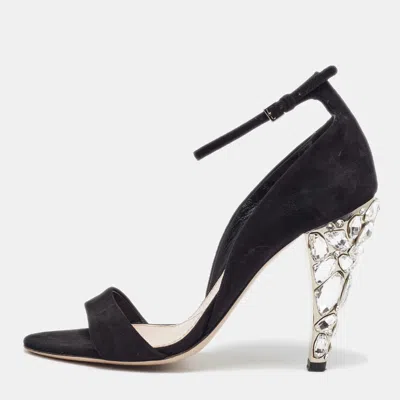 Pre-owned Miu Miu Black Suede Crystal Embellished Ankle Strap Sandals Size 36