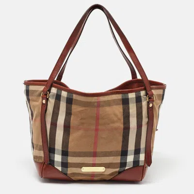 Pre-owned Burberry Brown/beige House Check Canvas And Leather Canterbury Tote