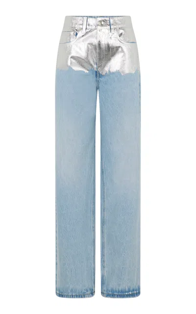 Shop Rabanne Metallic-detailed High-rise Straight-leg Jeans In Light Wash