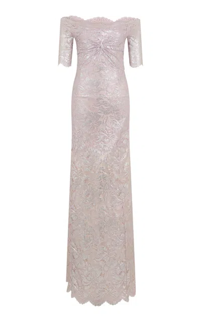 Rabanne Off-the-shoulder Twist-front Metallic Lace Maxi Dress In Silver