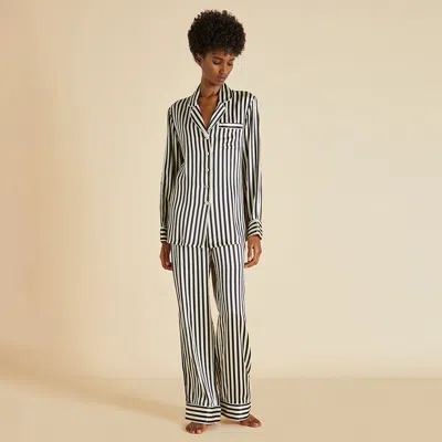 Olivia Von Halle Lila Nika Striped Silk Long Pajama Set In Black