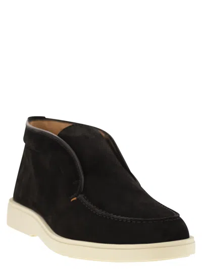Santoni Midnight Blue Suede Digits Ankle Boots In Black