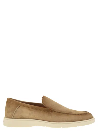 Santoni Brown Suede Loafers With Rubber Sole In Neutral
