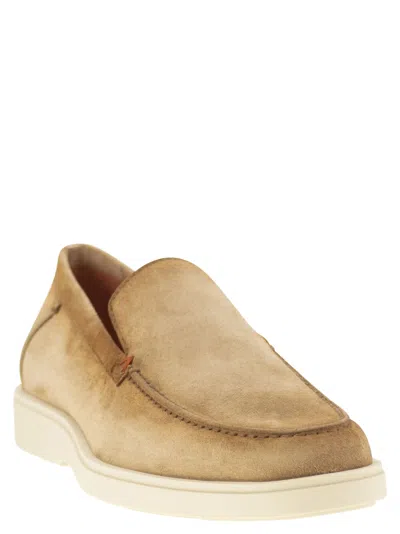 Santoni Brown Suede Loafers With Rubber Sole In Neutral