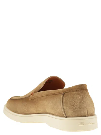 Santoni Brown Suede Loafers With Rubber Sole In Neutral