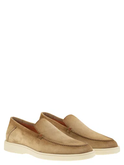 Santoni Brown Suede Loafers With Rubber Sole In Neutral