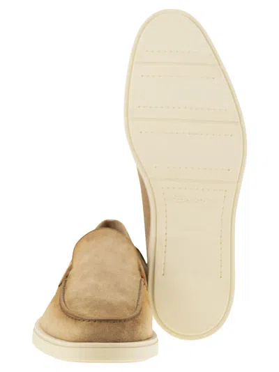 Santoni Brown Suede Loafers With Rubber Sole In Neutral