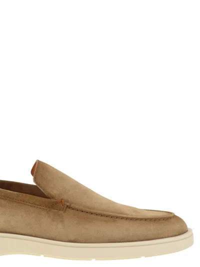 Santoni Brown Suede Loafers With Rubber Sole In Neutral
