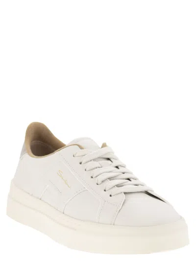 Santoni Tumbled Leather Double Buckle Trainer In White