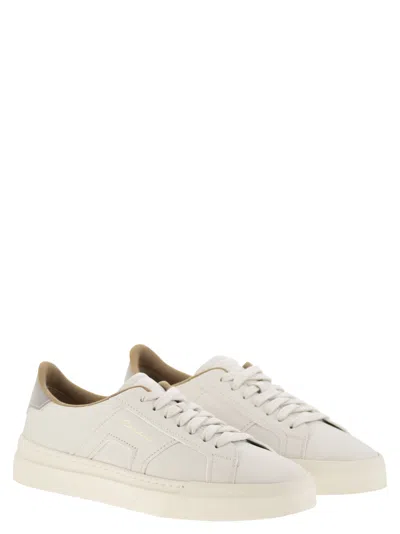 Santoni Tumbled Leather Double Buckle Trainer In White