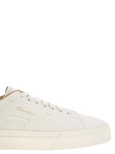 Santoni Tumbled Leather Double Buckle Trainer In White