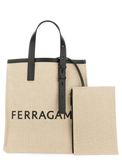 Shop Ferragamo Men Tote Bag With Logo In Cream