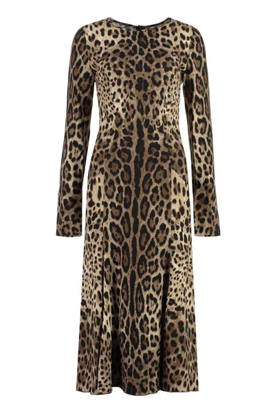 Dolce & Gabbana Leopard Print Long Sleeve Cady Midi Dress In Brown