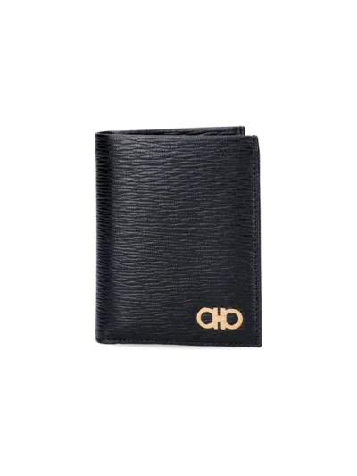 Ferragamo Black Cardholder With Gold-tone Gancini Logo In Calf Leather Man In Black