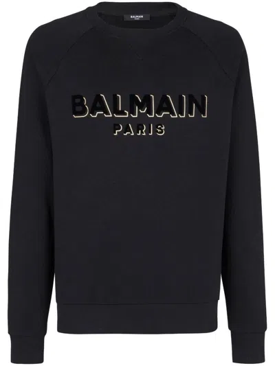Balmain Flocked Logo Sweatshirt With Metallic Accents In Black