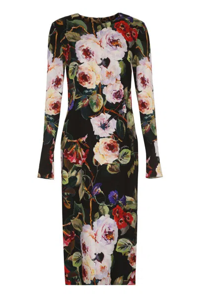 Dolce & Gabbana Black Multi Color Printed Silk Midi Dress In Black